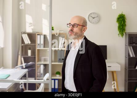 Thoughtful mature businessman in glasses standing in bright modern office Stock Photo