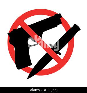 Badge firearms and cold steel in a red crossed circle on a white background. Stock Vector