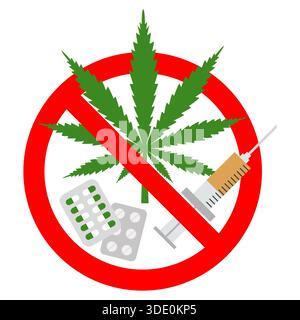sign forbidden drugs in red crossed out circle on white background Stock Vector