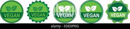 Vegan food labels with leaf symbol in green circular badges Stock Vector