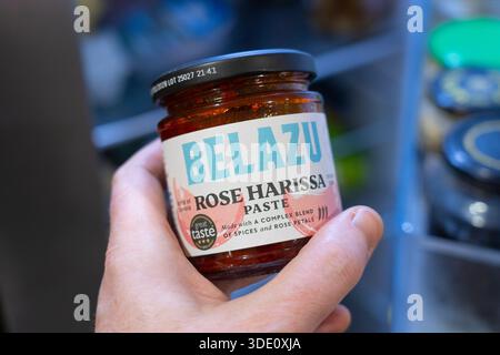 Jar of Rose Harissa (chilli) paste originating in Tunisia in North Africa by Belazu Foods. A UK supplier of chef grade middle eastern ingredients. UK Stock Photo
