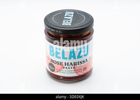 Jar of Rose Harissa (chilli) paste originating in Tunisia in North Africa by Belazu Foods. A UK supplier of chef grade middle eastern ingredients. UK Stock Photo