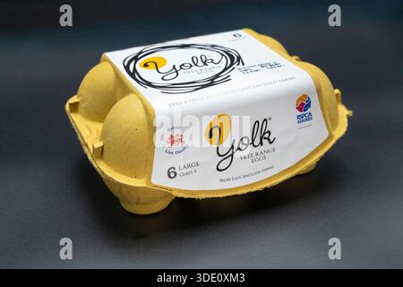 6 large free range eggs in an egg carton with the labels RSPCA assured & British Lion Quality, by Yolk Eggs from East Anglian farms. UK Stock Photo