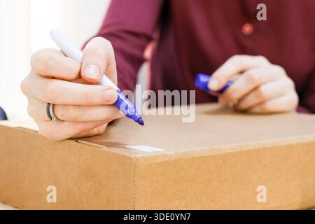 View of two hands holding blue pens to inscribe on a white sticker on top of a brown parcel. Stock Photo