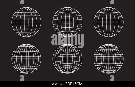 Set of simple white globe wireframes on black background. Orb models, sphere shapes, meshed balls. Earth planet or universe symbols with longitude and Stock Vector
