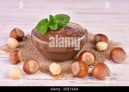 Chocolate spread with hazelnuts. Chocolate cream. Stock Photo