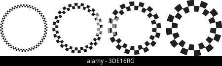 Set of round frames with black and white checkered print. Vignettes with race flag or chessboard pattern. Circular geometric frameworks. Vector Stock Vector