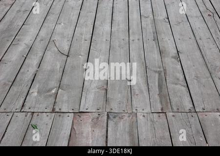 Old wooden walkway made of gray cracked boards with rusty nails and visible gaps, creating an abandoned atmosphere. Stock Photo
