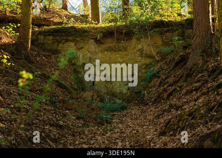 Ancient moss-covered stone wall with narrow openings hidden in Czech forest near Nova Zivohost Stock Photo