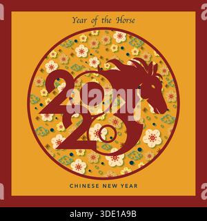 2026 Chinese New Year in yellow background. Year of the Horse. Vector modern art red geometric numbers design for cover, card, poster, banner, logo Stock Vector