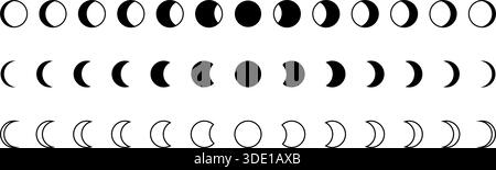 Collection of Moon phases. Lunar calendar cycle infographic. New, quarter, waning and full Luna silhouettes isolated on white background. Astrology or Stock Vector