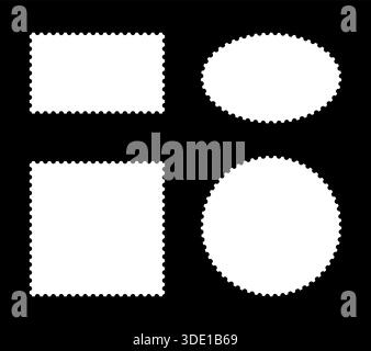 Postage stamp frames template. Backdrops for postcards, letters, empty borders. Circle and oval and rectangular blank vintage stamps. Coupons, boxes Stock Vector
