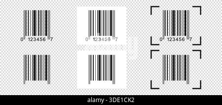 Set of barcode stickers with scanner frame. Samples of bar code labels isolated on transparent background. Visual presentation of digital data Stock Vector