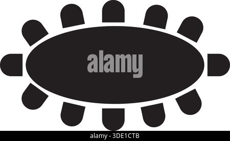 Silhouettes of oval table and chairs around it. Cafe or restaurant seats arrangement plan. Workplase, meeting or business training seatings scheme top Stock Vector