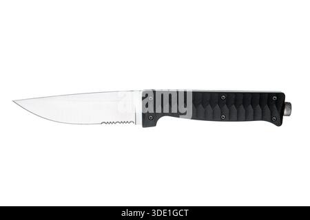 Professional fixed blade tactical knife with textured black handle isolated on white. Stock Photo