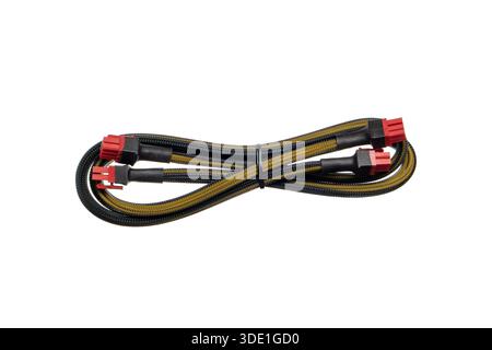 Sleeved PCI-E power extension cables with red connectors and black-gold braiding. Stock Photo
