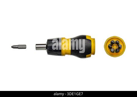 Stubby ratchet screwdriver with internal bit storage and interchangeable bits, isolated on white. Stock Photo