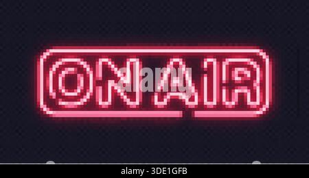 Red neon on air text inside capsule-shaped frame. Classic sign for live broadcasting, podcasts or studios. Stock Vector