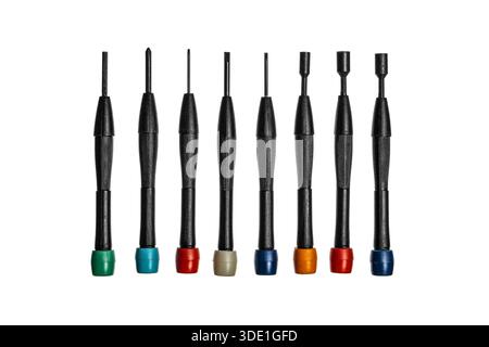 Set of eight precision screwdrivers with color-coded caps isolated on white. Stock Photo