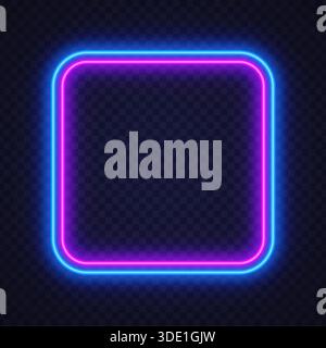 Glowing neon square frame in pink and blue tones on a transparent background. Futuristic light border ideal for web design, posters, and digital Stock Vector
