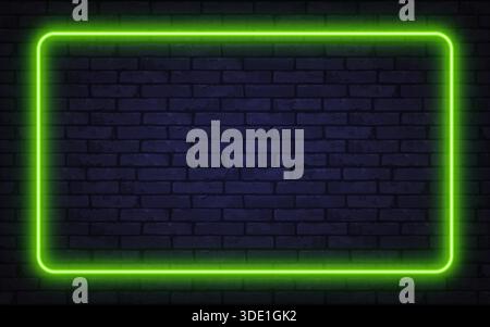 Glowing green neon frame on a dark brick wall creates a modern futuristic atmosphere. Perfect for digital ads, posters, or stylish presentations. Stock Vector
