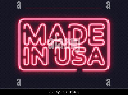 Bright neon label made in USA with glowing effect and bold outline. Stylish retro light sign for patriotic or commercial use. Stock Vector