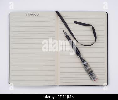 Overhead flat lay of an open journal labeled February with a professional fountain pen, ideal for monthly goal setting and mindfulness. Stock Photo