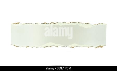 Torn paper strip with rough, uneven edges revealing a brown kraft paper texture beneath. Concept for design elements and creative backgrounds Stock Photo