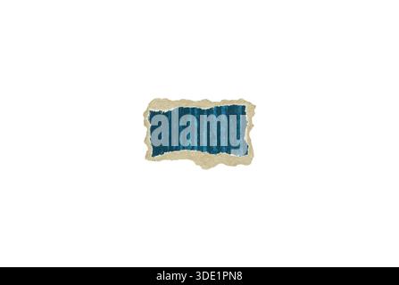 Small torn rectangle of dark teal corrugated paper with uneven beige fiber edges. Concept for texture samples and craft design Stock Photo