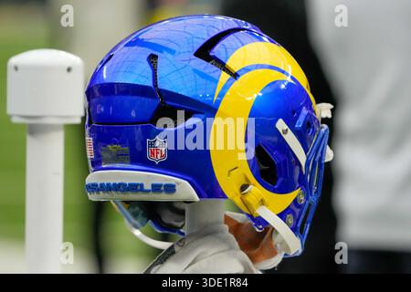 Detailed view of a Los Angeles Rams helmet before an NFL game