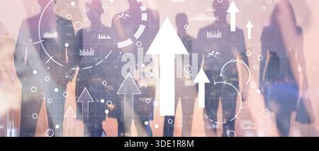 Modern business team collaborating over digital data analytics and financial charts in office. Stock Photo