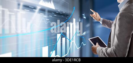 3D charts with up arrows, business panel on virtual screen. Stock Photo