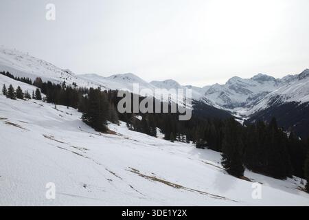 Snow-covered mountains stretch across the landscape of Davos, Switzerland. Rugged peaks in the background add depth and contrast. Stock Photo