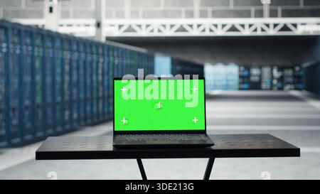 Close up of green screen laptop in data center used for inspecting equipment rigs, maintaining system stability. Mockup notebook used to oversee server hub and configure gear rackmounts Stock Photo