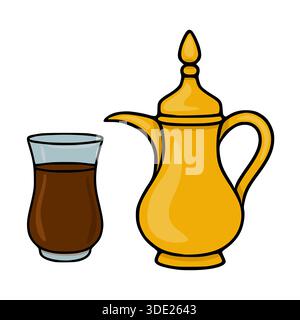 A vibrant vector illustration of a traditional golden Arabic tea pot (dallah) paired with a clear glass filled with dark tea, set against a clean whit Stock Vector