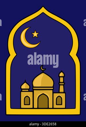 Stylized vector illustration of a mosque with a crescent moon and star against a deep blue night sky, framed by an ornate golden archway. Stock Vector