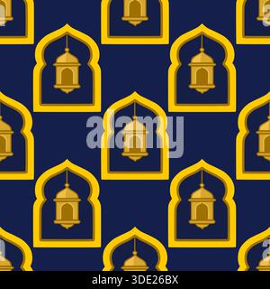Seamless Islamic pattern vector with golden archways and hanging lanterns on a deep blue background, evoking a festive Ramadan atmosphere. Stock Vector