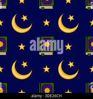 Seamless vector pattern featuring Islamic crescent moon, stars, and a stylized book on a deep blue night sky background. Stock Vector