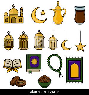 A curated collection of Islamic cultural symbols, including a mosque, crescent moon, star, prayer rug, Quran, dates, and lanterns, presented as a flat Stock Vector