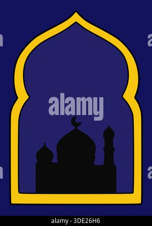 Stylized vector silhouette of a mosque with crescent moon and minaret, framed by a decorative golden arch against a deep blue background, evoking reli Stock Vector