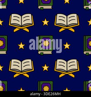 Seamless vector pattern featuring Islamic holy books and stars on a dark blue background, celebrating religious themes and knowledge. Stock Vector
