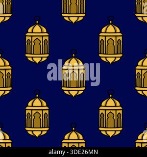 Seamless vector pattern featuring golden Islamic lanterns with intricate arch details against a deep navy blue background, evoking a sense of celebrat Stock Vector