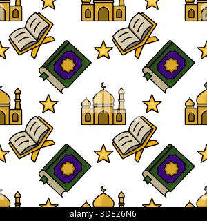 Seamless vector pattern featuring golden mosque silhouettes, open Quran on a stand, and star motifs against a white background, evoking a religious an Stock Vector
