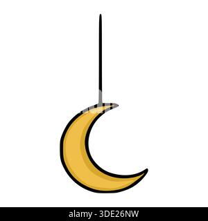A minimalist vector illustration of a golden crescent moon suspended by a thin black line against a pure white background, evoking celestial themes an Stock Vector