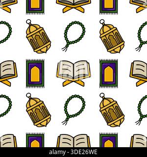 Seamless Islamic prayer rug, Quran, and lantern pattern vector illustration Stock Vector