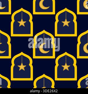 Seamless vector pattern featuring Islamic architectural motifs, golden crescent moons, and stars against a deep navy background, evoking a festive and Stock Vector