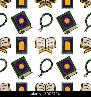 Seamless vector pattern featuring Islamic religious objects like the Quran, prayer mats, and prayer beads in a charming cartoon style. Stock Vector