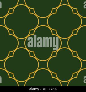 Seamless vector pattern featuring a geometric quatrefoil design with flowing gold lines on a deep green background. Stock Vector