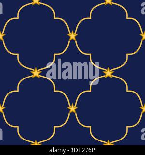 Seamless golden star pattern vector on deep navy background, intricate geometric lattice with celestial accents. Stock Vector