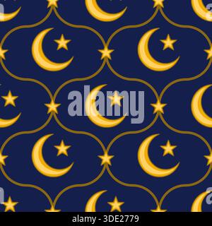 Seamless vector pattern featuring golden crescent moons and stars on a deep navy blue background with elegant connecting golden lines. Stock Vector